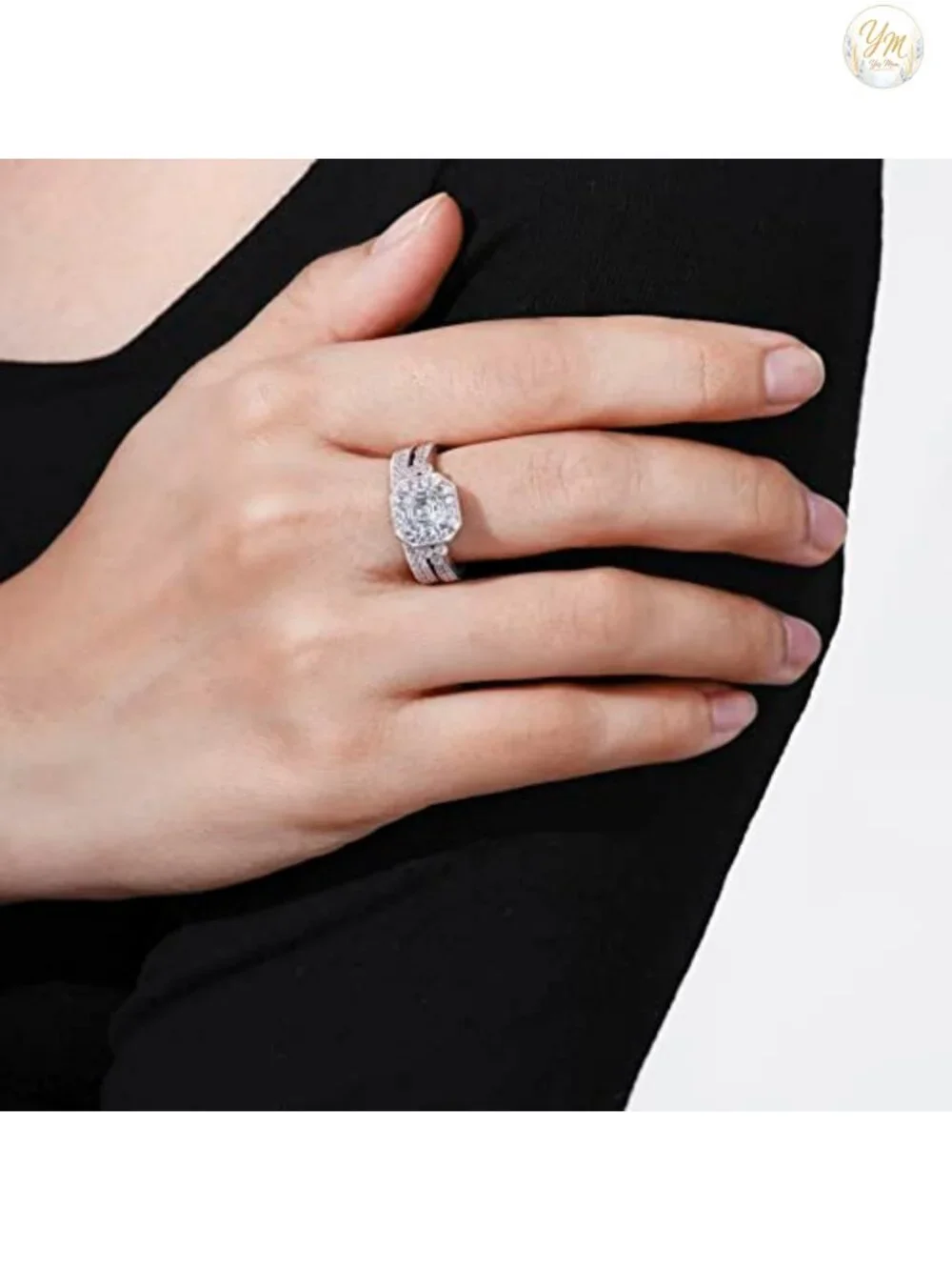 Platinum Plated Sterling Silver Antique Halo Engagement Ring Set with